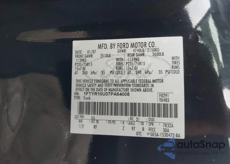 2007 Ford Ranger Sport/Stx/Xl/Xlt из США, поврежденный, VIN 1FTYR10U07PA64008